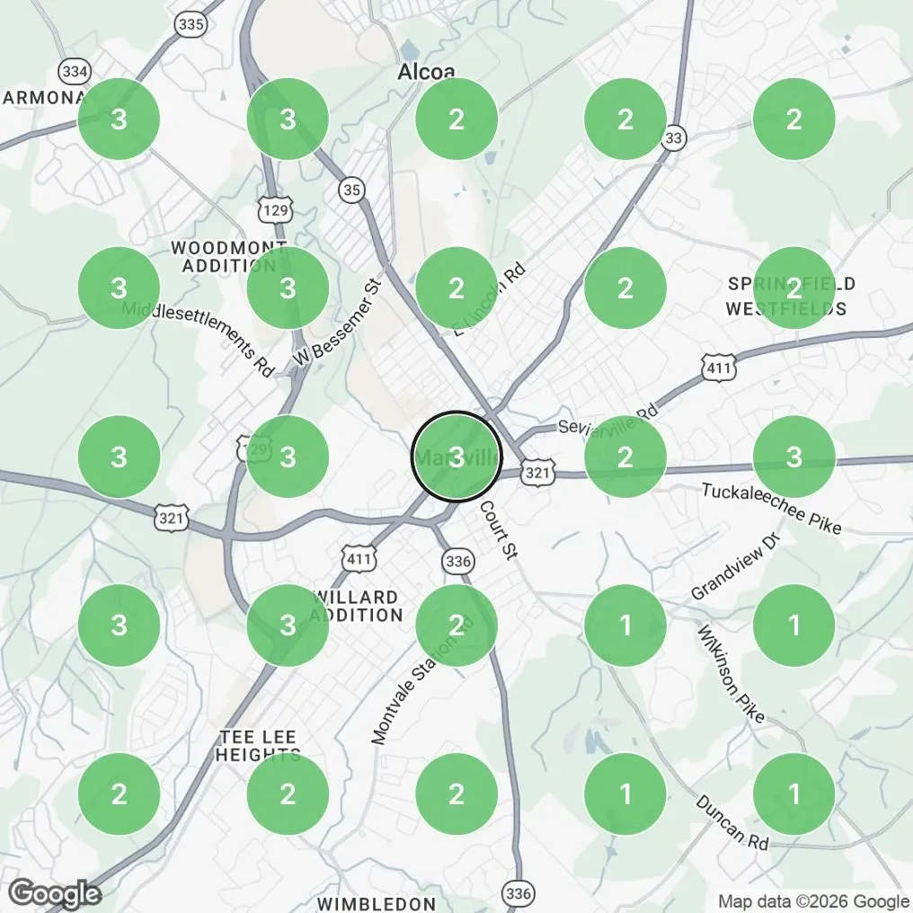 Better Off Growth's own rank grid for seo maryville tn: 25 map points around Maryville, all 25 in the top 3, average Maps position 2.2