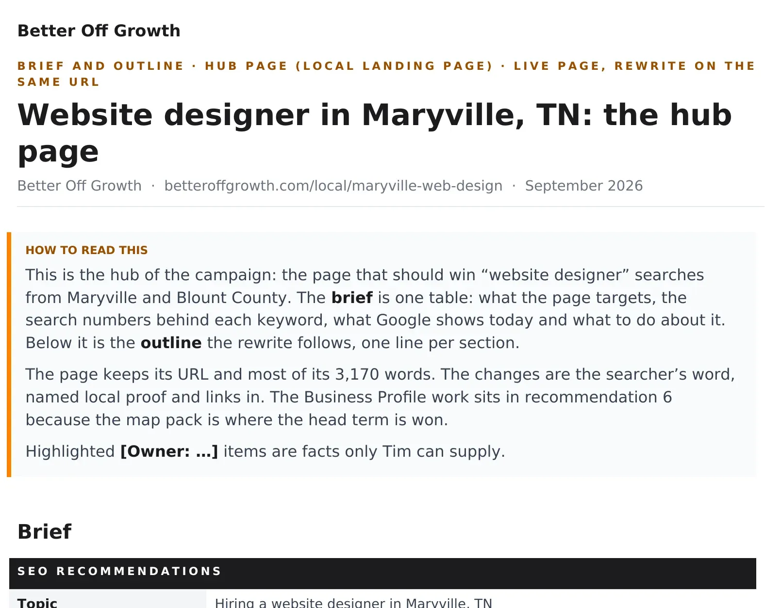 First page of an article brief for the Better Off Growth Maryville web design page: how to read it, then the SEO recommendations table with topic, word count, page type, meta title and URL