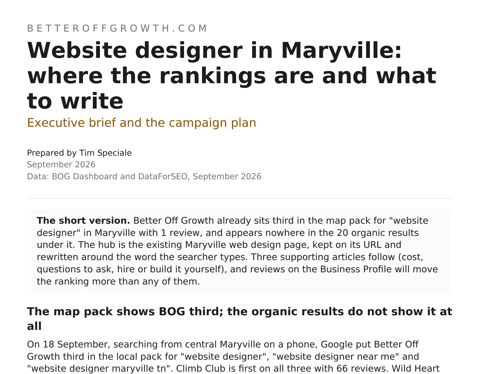 First page of the rankings brief Better Off Growth wrote for itself: Website designer in Maryville, where the rankings are and what to write, with a short summary and the map pack findings
