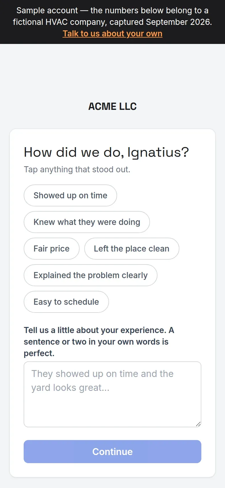 The review request page a customer sees on their phone: a greeting by first name, tappable tags like Showed up on time and Fair price, and a box for a sentence or two