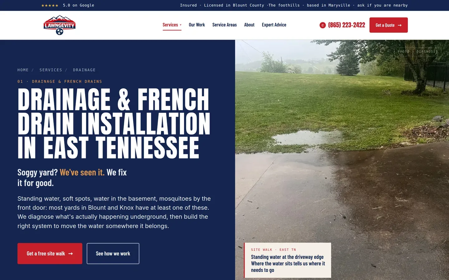 The Lawngevity drainage service page, which ranks first in Maryville for 'drainage contractors near me'