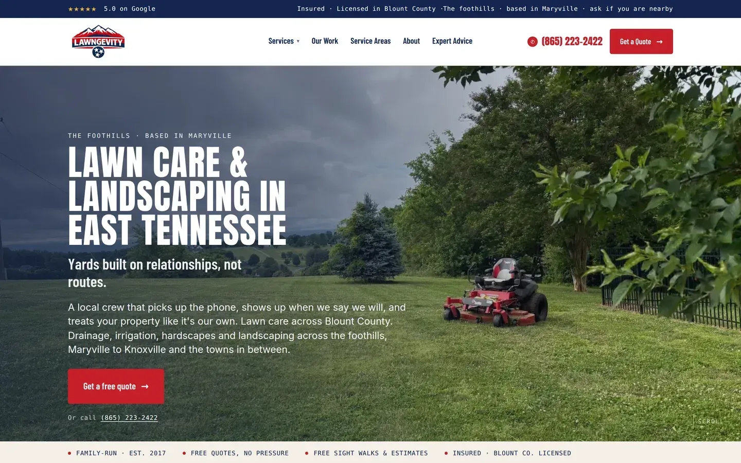 The Lawngevity homepage: a hero photo of a mowed Blount County yard under a storm sky, with the phone number and a quote button in the header